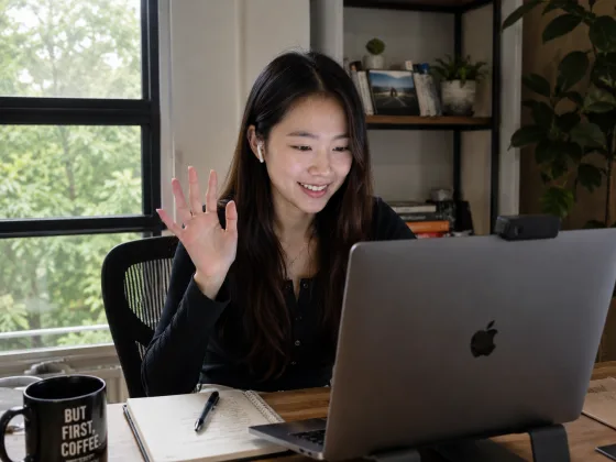 A Marlow executive assistant waving on a video call